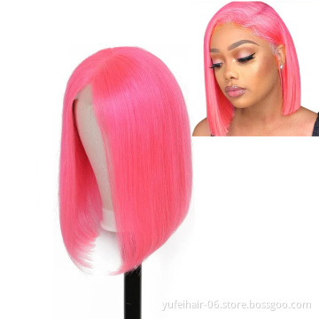 Natural Straight Short Bob Colored Human Hair Wigs,Pink Swiss Lace Front Human Hair Wigs for Black Women
